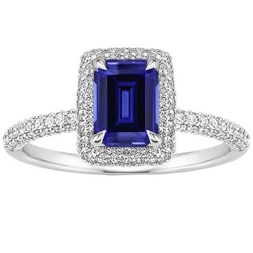 White Gold Halo Ring Emerald Sri Lankan Sapphire & Diamond 4.50 Carats