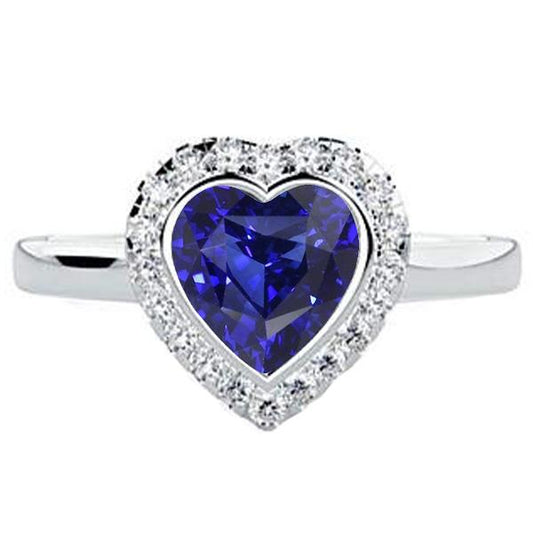 White Gold Halo Ring Heart Deep Blue Sapphire Jewelry 4 Carats