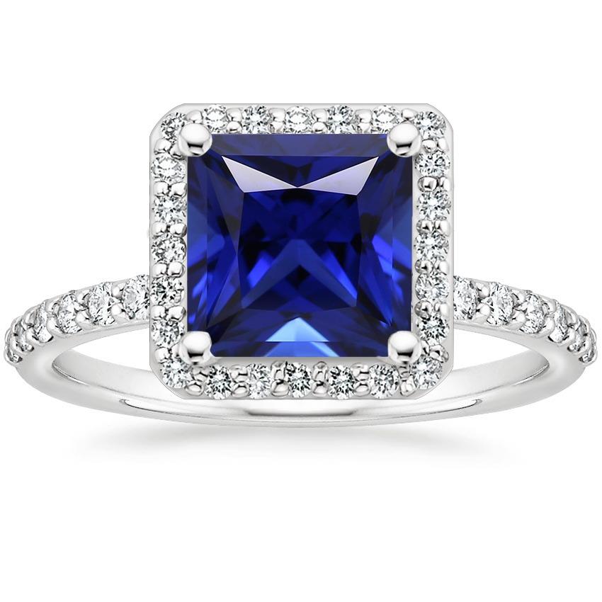White Gold Halo Ring Princess Sri Lankan Sapphire & Diamonds 6 Carats