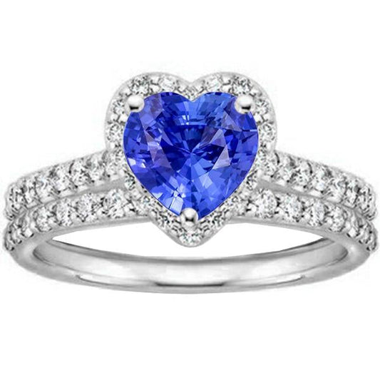 White Gold Halo Wedding Ring Heart Sapphire Double Shank 3.50 Carats