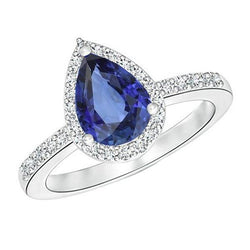 White Gold Halo Wedding Ring Jewellery Blue Sapphire & Natural Earth Mined Diamonds 3 Carats