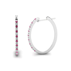 White Gold Hoop Earrings 8.50 Ct Round Pink Sapphire And Natural Earth Mined Diamonds