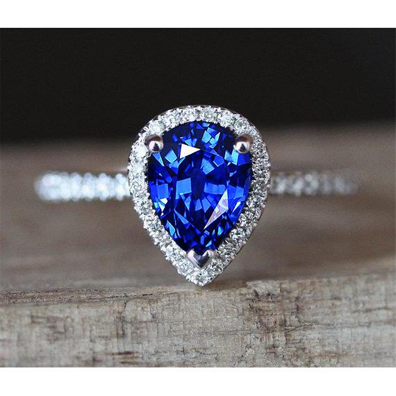 White Gold Jewelry 3.25 Carats Pear Diamond And Sapphire Ring