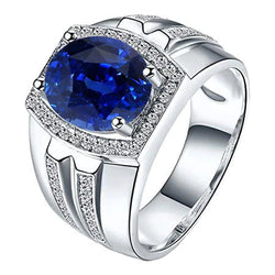 White Gold Men's Ring Halo Diamond Oval Blue Sapphire Jewelry 4 Carats