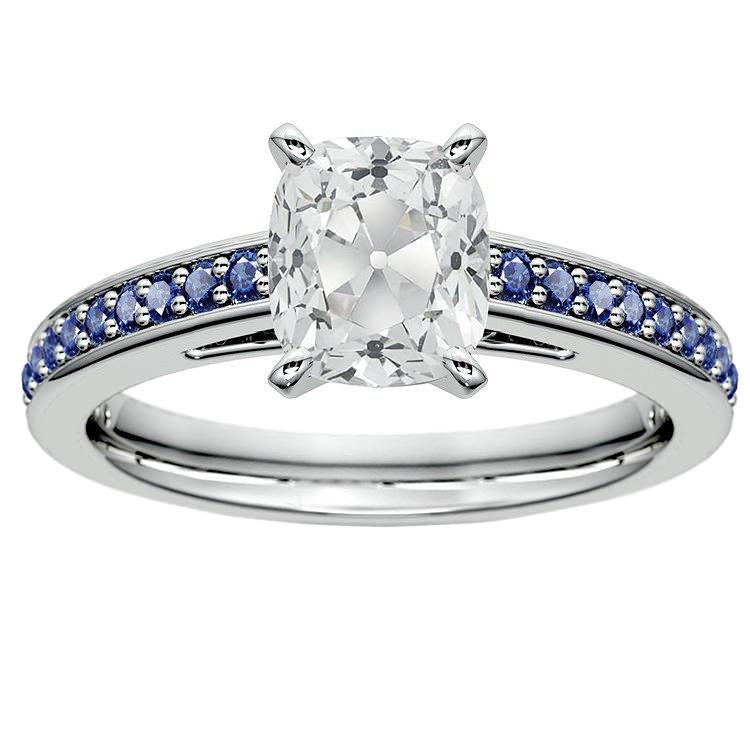 White Gold Old Cut Cushion Diamond Ring Round Sapphire 5.25 Carats