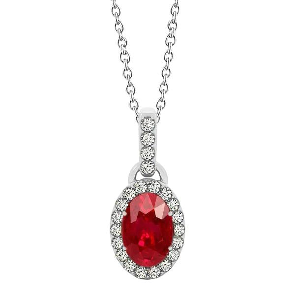 White Gold Oval Ruby With Round Diamonds 3.25 Ct Pendant With Chain