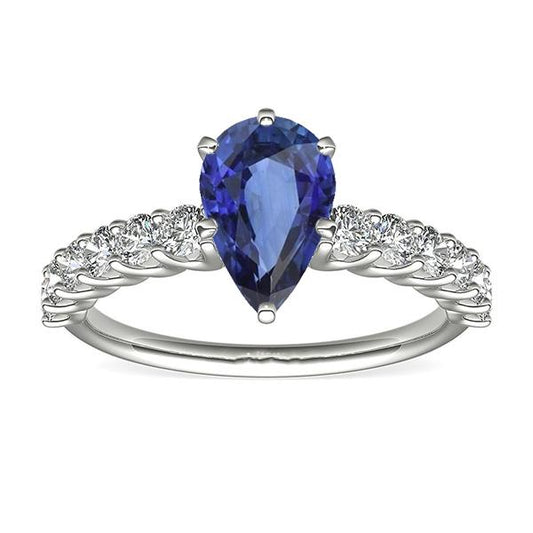 White Gold Pear Blue Sapphire With Accents Ring 3.50 Women's Jewelry