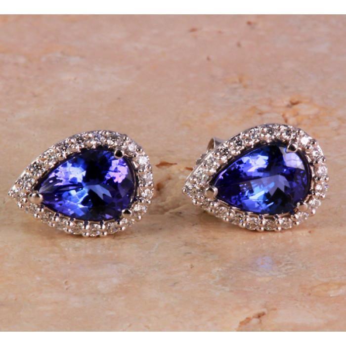 White Gold Pear Tanzanite With Diamonds 5 Carats Stud Earrings