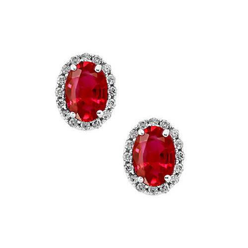 White Gold Red Ruby With Round Diamond Halo Earrings 2.32 Carats
