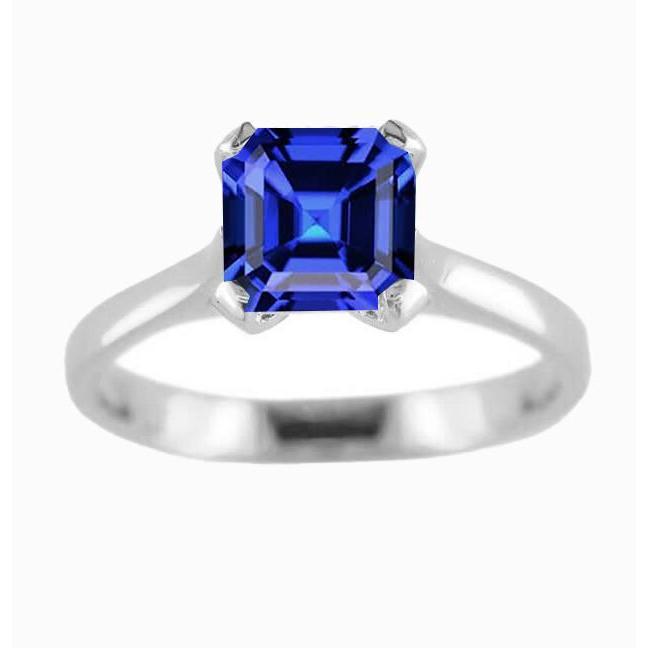 White Gold Solitaire Ring Blue Sapphire Asscher Cut 2 Carats