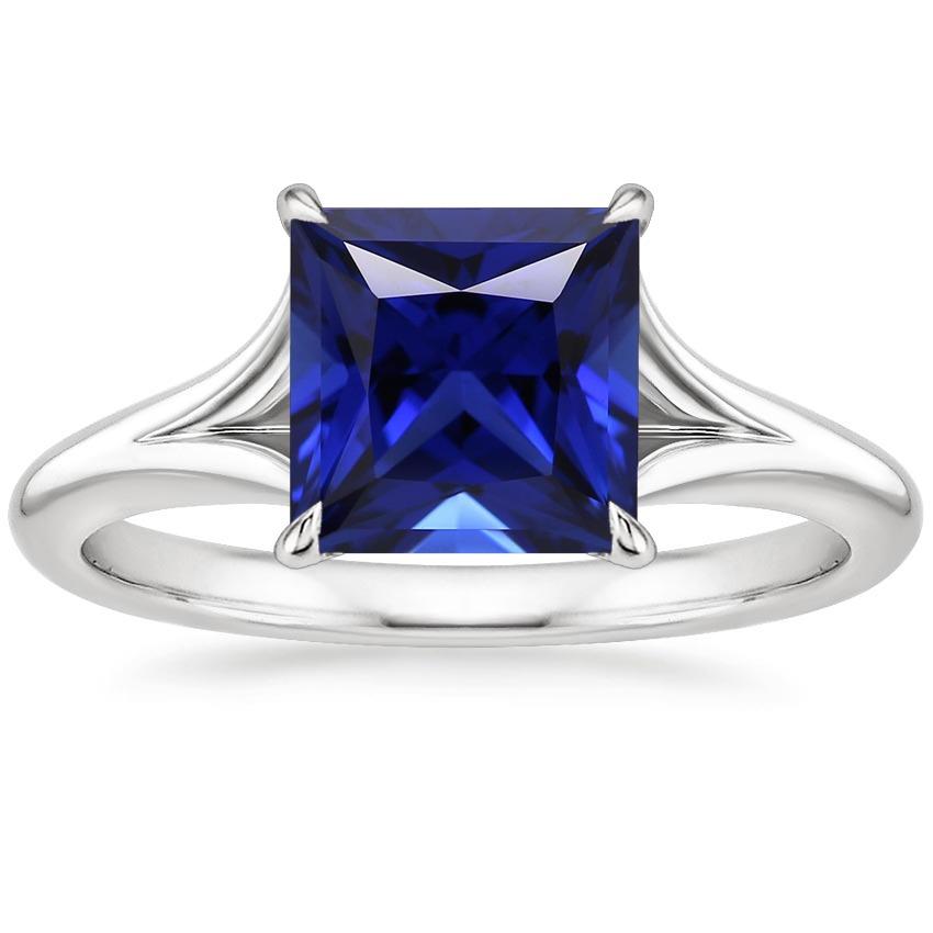 White Gold Solitaire Ring Princess Blue Sapphire Split Shank 5 Carats