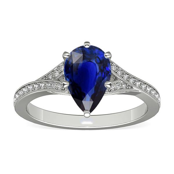 White Gold Sri Lankan Sapphire Ring Pear & Round Diamonds 4 Carats