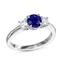 White Gold Three Stone Ceylon Sapphire Ring & Round Diamonds 2 Carats