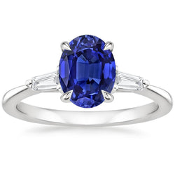 White Gold Three Stone Ring Ceylon Sapphire & Diamonds 2.50 Carats