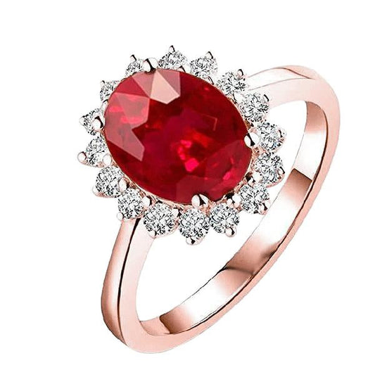 Women 14K Two Tone Gold Oval Cut Ruby And Round Diamond Ring 8.50 Ct