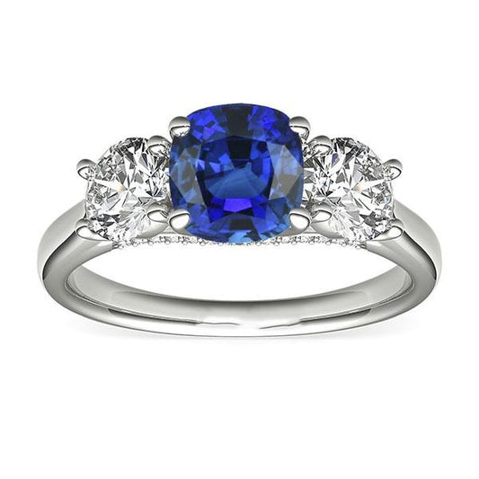 Women 3 Stone Ring Cushion Blue Sapphire & Round Diamonds 2.50 Carats