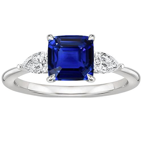 Women 3 Stone Ring Pear Diamond & Cushion Ceylon Sapphire 2.75 Carats