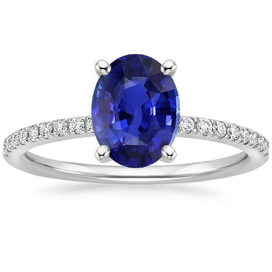 Women Blue Sapphire Ring Oval Cut With Pave Set Diamonds 4.50 Carats
