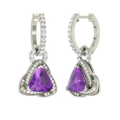 Women Dangle Earrings 5.10 Ct Amethyst And Diamonds White Gold 14K