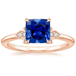 Women Natural Earth Mined Diamond Gemstone Ring With Cushion Blue Sapphire 2.50 Carats New