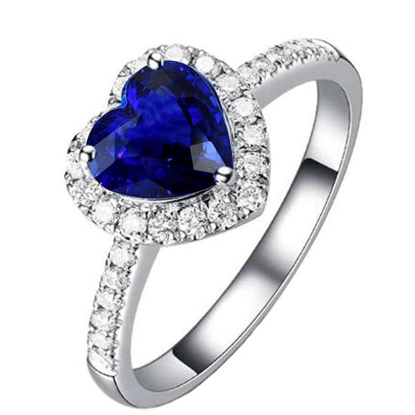 Women Diamond Halo Heart Shaped Ring Blue Sapphire 4 Carats