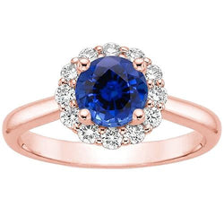 Women Diamond Halo Ring Flower Style Blue Sapphire 3 Carats Rose Gold