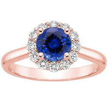 Women Diamond Halo Ring Flower Style Blue Sapphire 3 Carats Rose Gold