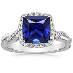Women Diamond Halo Ring Prong Set Princess Blue Sapphire 6 Carats Pave