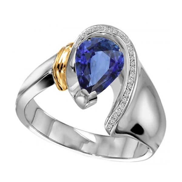 Women Diamond Ring 2 Carats Pear Cut Blue SriLankan Sapphire Two Tone