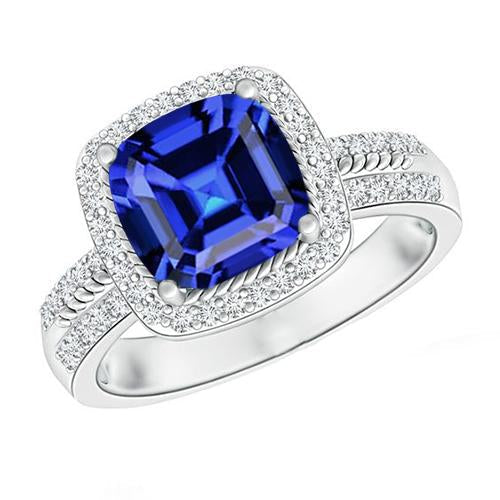Women Diamond Ring Cushion Halo Blue Sapphire With Accents 4.50 Carats