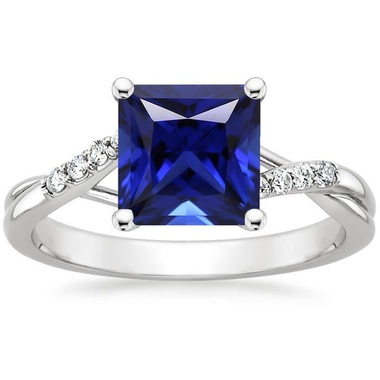 Women Diamond Ring Princess Blue Sapphire Twisted Shank 5.25 Carats