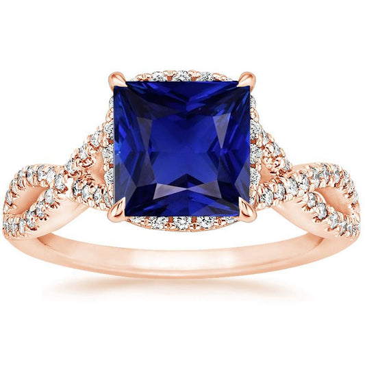 Women Diamond Ring Princess Ceylon Sapphire With Accents 6.25 Carats