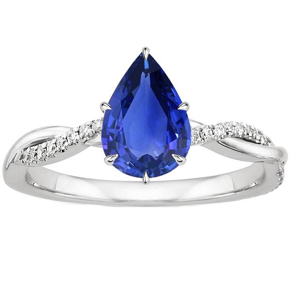 Women Engagement Diamond Ring & Pear Blue Sapphire White Gold 5 Carats