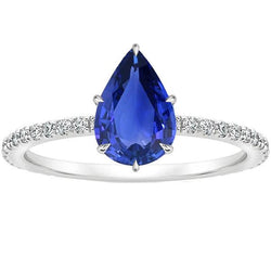 Women Engagement Ring Pear Blue Sapphire & Pave Set Natural Earth Mined Diamonds 4 Carats