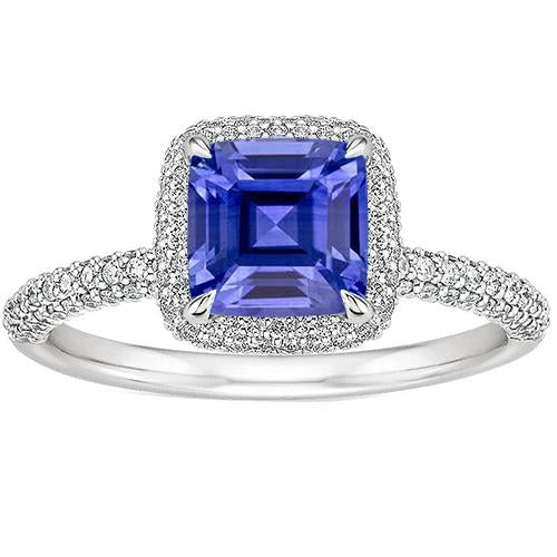 Women Gold Diamond Asscher Cut Blue Sapphire Pave Ring 3.45 Carats 14K