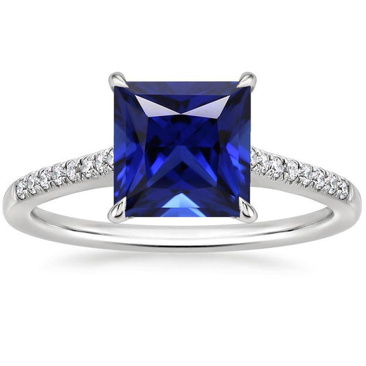 Women Gold Princess Blue Sapphire & Diamond Engagement Ring 5.50 Carat