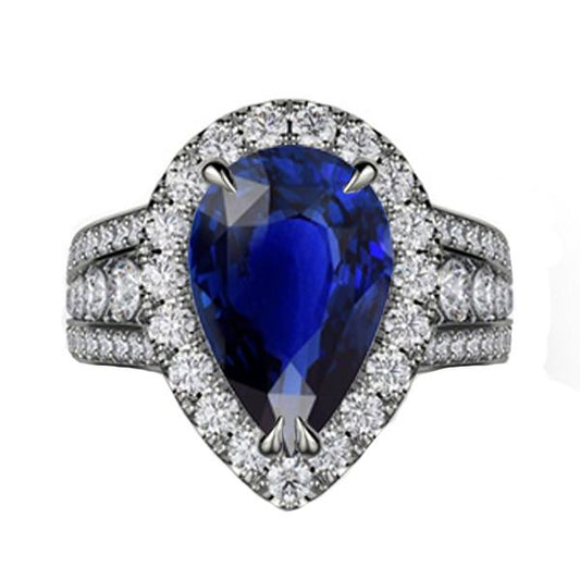 Women Halo Blue Sapphire Wedding Ring Set & Diamonds 6 Carats