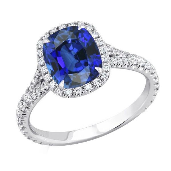 Women Halo Cushion Cut Sapphire Ring Pave Set Diamonds 4 Carats