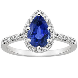 Women Halo Natural Earth Mined Diamond Ring Pear Blue Sapphire & Accents 5.25 Carats