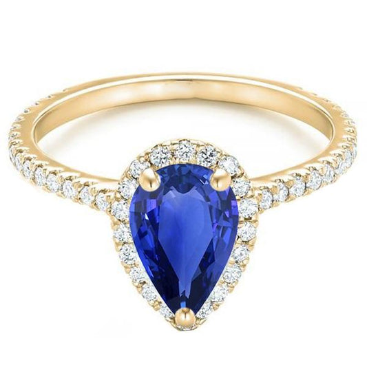 Women Halo Diamond Ring Pear Sri Lankan Sapphire 5 Carats