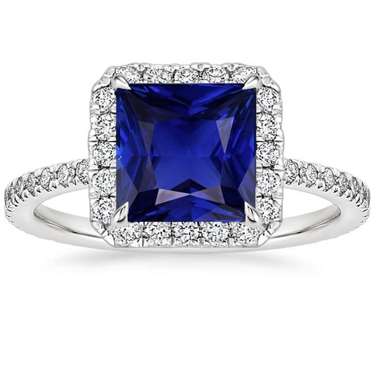 Women Halo Diamond Ring Princess Blue Sapphire Center 6.50 Carats Gold
