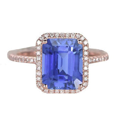 Women Halo Emerald Srilankan Sapphire & Diamonds Ring 4.50 Carats
