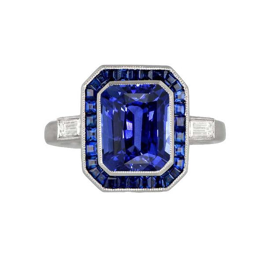 Women Halo Gemstone Blue Sapphires Ring 3.50 Carats Baguette Diamonds