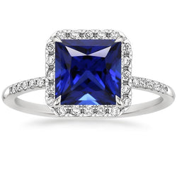 Women Halo Ring Princess Blue Sapphire With Pave Diamonds 5.50 Carats