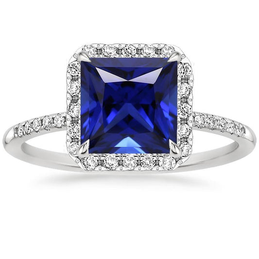 Women Halo Ring Princess Blue Sapphire With Pave Diamonds 5.50 Carats