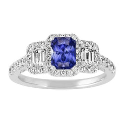 Women Halo Ring Round Emerald Diamonds Natural Blue Sapphire 3 Carats