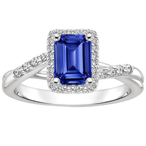 Women Halo Ring Sri Lankan Sapphire & Diamond 4 Carats White Gold 14K