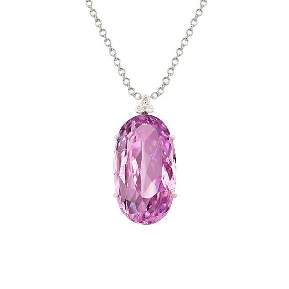 Women Kunzite And Diamond Necklace Pendant 20.20 Ct. White Gold 14K