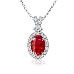 Women Oval Cut Red Ruby With Natural Earth Mined Diamond Pendant White Gold 3.30 Carats
