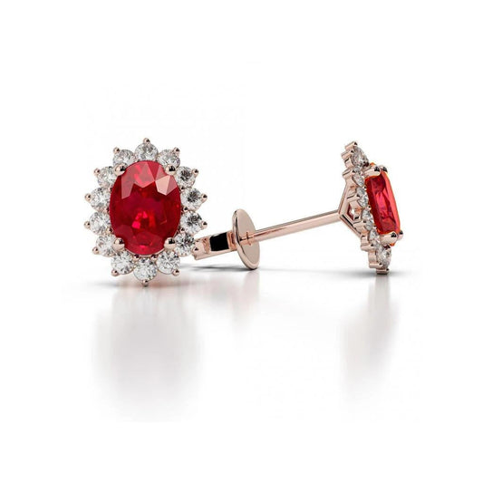 Women Oval Ruby With Diamonds 6.70 Ct Studs Earrings Gold Rose 14K